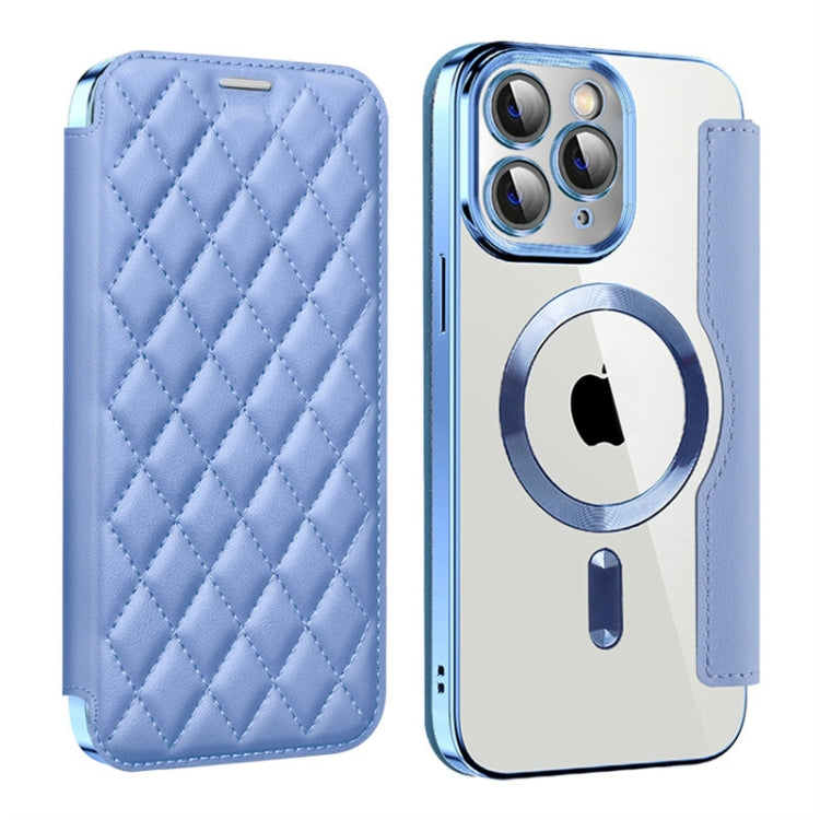 For iPhone 11 Pro Max Shield Magsafe RFID Anti-theft Rhombus Leather Phone Case(Blue) - iPhone 11 Pro Max Cases by buy2fix | Online Shopping UK | buy2fix