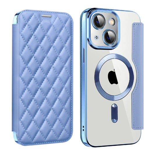 For iPhone 13 Shield Magsafe RFID Anti-theft Rhombus Leather Phone Case(Blue) - iPhone 13 Cases by buy2fix | Online Shopping UK | buy2fix