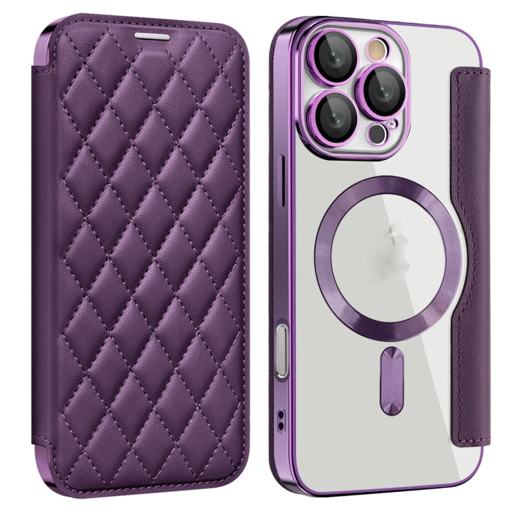 For iPhone 16 Pro Max Shield Magsafe RFID Anti-theft Rhombus Leather Phone Case(Purple) - iPhone 16 Pro Max Cases by buy2fix | Online Shopping UK | buy2fix