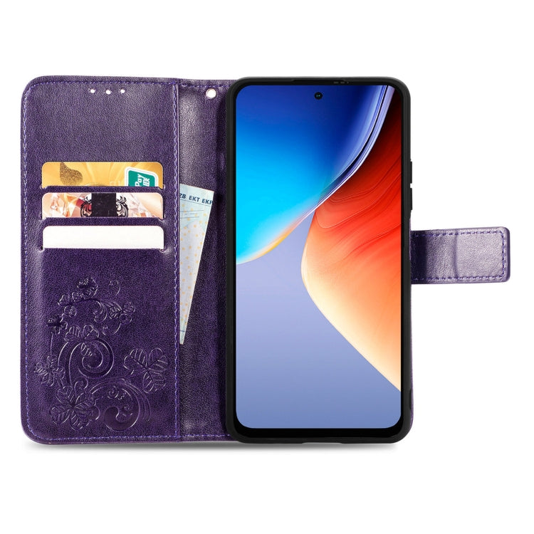 For Blackview A96 Four-leaf Clasp Embossed Buckle Leather Phone Case(Purple) - More Brand by buy2fix | Online Shopping UK | buy2fix