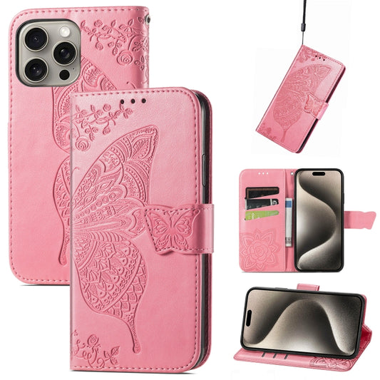 For iPhone 16 Pro Butterfly Love Flower Embossed Leather Phone Case(Pink) - iPhone 16 Pro Cases by buy2fix | Online Shopping UK | buy2fix