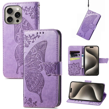 For iPhone 16 Pro Butterfly Love Flower Embossed Leather Phone Case(Lavender) - iPhone 16 Pro Cases by buy2fix | Online Shopping UK | buy2fix