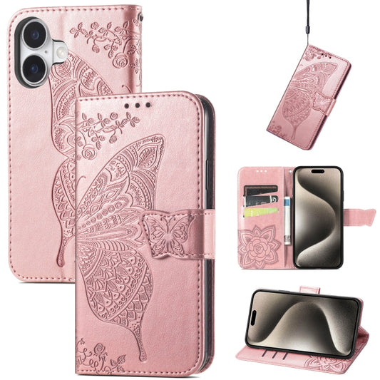 For iPhone 16 Plus Butterfly Love Flower Embossed Leather Phone Case(Rose Gold) - iPhone 16 Plus Cases by buy2fix | Online Shopping UK | buy2fix