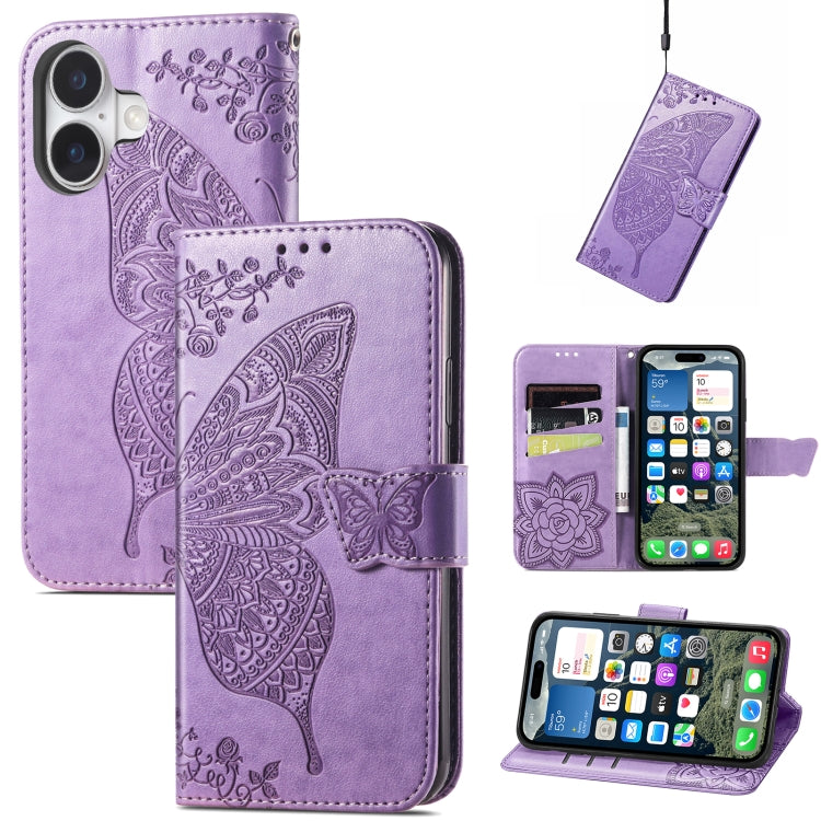 For iPhone 16 Plus Butterfly Love Flower Embossed Leather Phone Case(Lavender) - iPhone 16 Plus Cases by buy2fix | Online Shopping UK | buy2fix