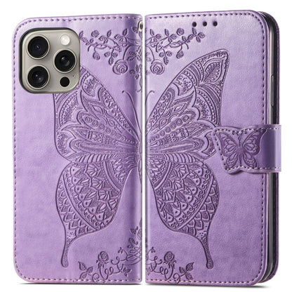 For iPhone 16 Pro Max Butterfly Love Flower Embossed Leather Phone Case(Lavender) - iPhone 16 Pro Max Cases by buy2fix | Online Shopping UK | buy2fix