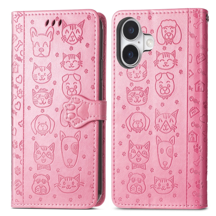 For iPhone 16 Cat and Dog Embossed Leather Phone Case(Pink) - iPhone 16 Cases by buy2fix | Online Shopping UK | buy2fix