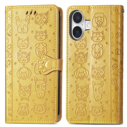 For iPhone 16 Cat and Dog Embossed Leather Phone Case(Yellow) - iPhone 16 Cases by buy2fix | Online Shopping UK | buy2fix