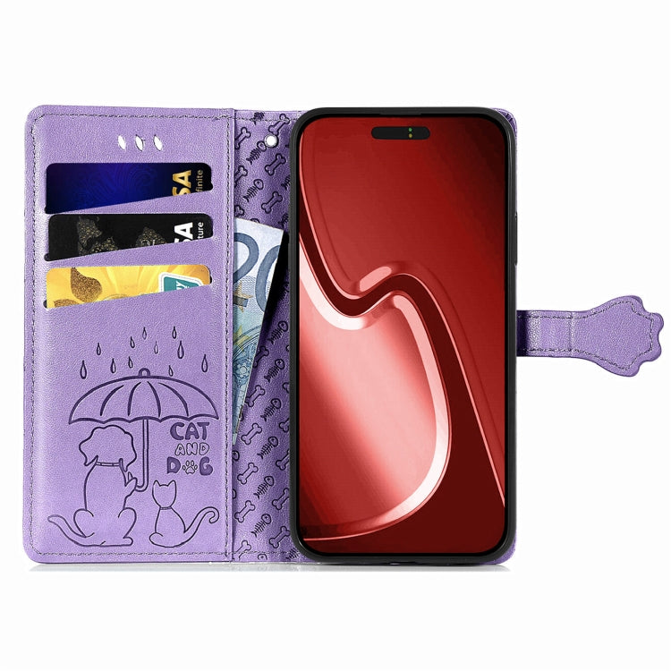 For iPhone 16 Plus Cat and Dog Embossed Leather Phone Case(Purple) - iPhone 16 Plus Cases by buy2fix | Online Shopping UK | buy2fix