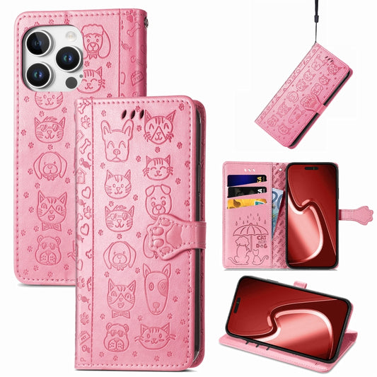 For iPhone 16 Pro Cat and Dog Embossed Leather Phone Case(Pink) - iPhone 16 Pro Cases by buy2fix | Online Shopping UK | buy2fix