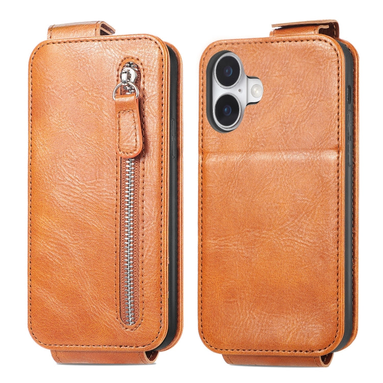 For iPhone 16 Zipper Wallet Vertical Flip Leather Phone Case(Brown) - iPhone 16 Cases by buy2fix | Online Shopping UK | buy2fix