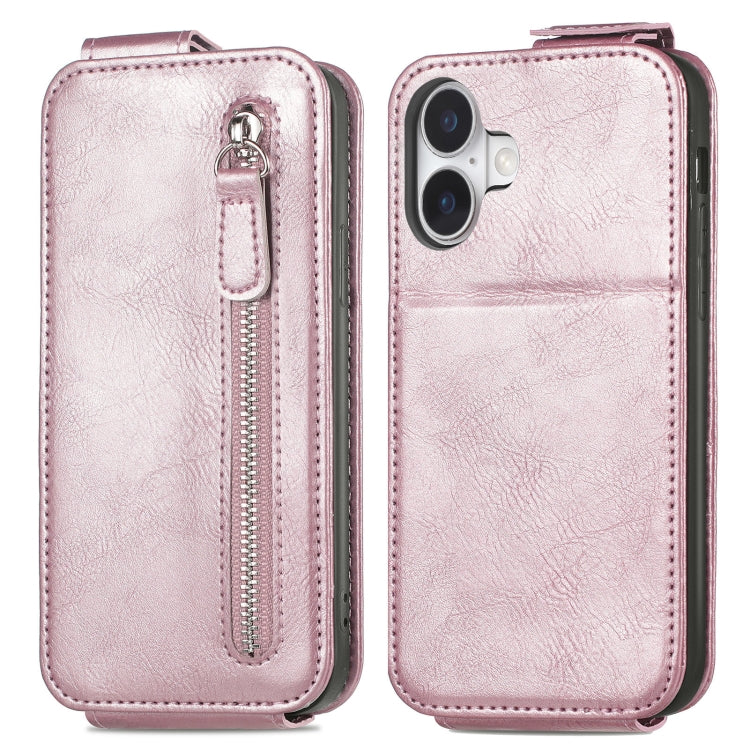 For iPhone 16 Plus Zipper Wallet Vertical Flip Leather Phone Case(Rose Gold) - iPhone 16 Plus Cases by buy2fix | Online Shopping UK | buy2fix