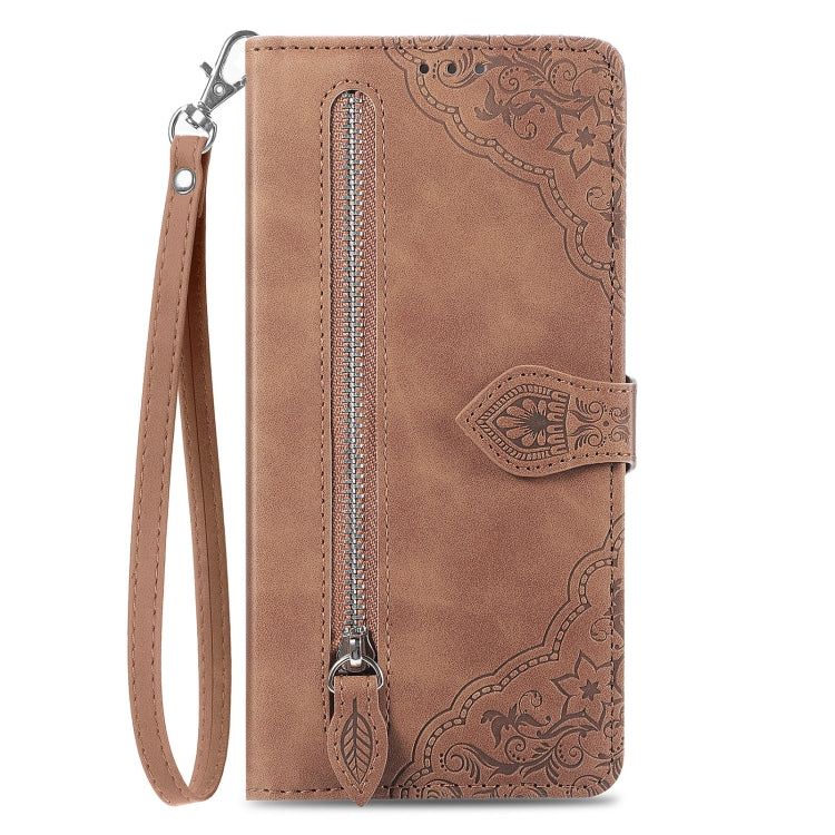 For iPhone 16 Embossed Flower Zipper Leather Phone Case(Brown) - iPhone 16 Cases by buy2fix | Online Shopping UK | buy2fix