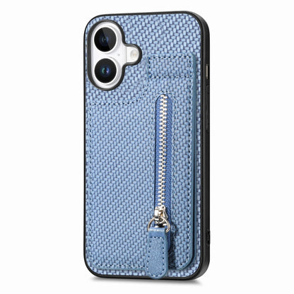 For iPhone 16 Carbon Fiber Vertical Flip Zipper Phone Case(Blue) - iPhone 16 Cases by buy2fix | Online Shopping UK | buy2fix