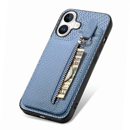 For iPhone 16 Carbon Fiber Vertical Flip Zipper Phone Case(Blue) - iPhone 16 Cases by buy2fix | Online Shopping UK | buy2fix