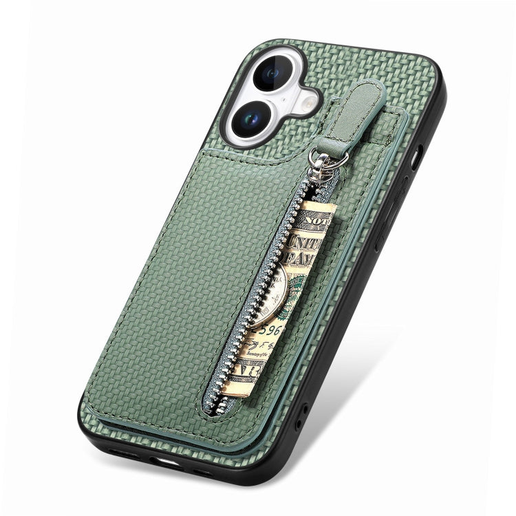 For iPhone 16 Plus Carbon Fiber Vertical Flip Zipper Phone Case(Green) - iPhone 16 Plus Cases by buy2fix | Online Shopping UK | buy2fix