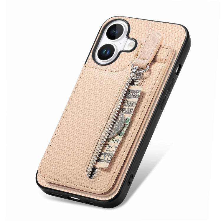 For iPhone 16 Plus Carbon Fiber Vertical Flip Zipper Phone Case(Khaki) - iPhone 16 Plus Cases by buy2fix | Online Shopping UK | buy2fix