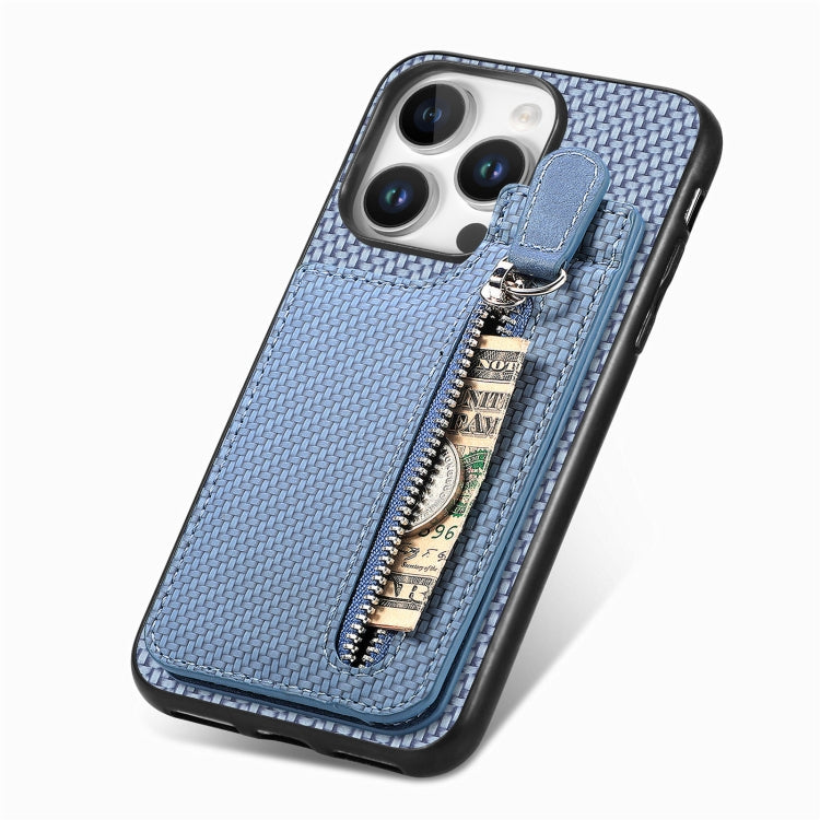 For iPhone 16 Pro Carbon Fiber Vertical Flip Zipper Phone Case(Blue) - iPhone 16 Pro Cases by buy2fix | Online Shopping UK | buy2fix