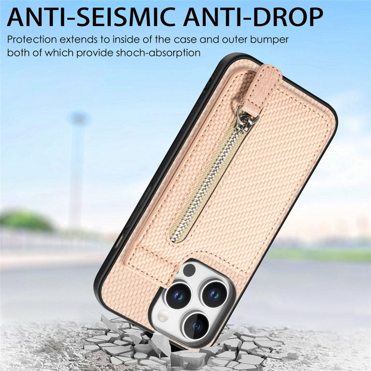 For iPhone 16 Pro Carbon Fiber Vertical Flip Zipper Phone Case(Khaki) - iPhone 16 Pro Cases by buy2fix | Online Shopping UK | buy2fix