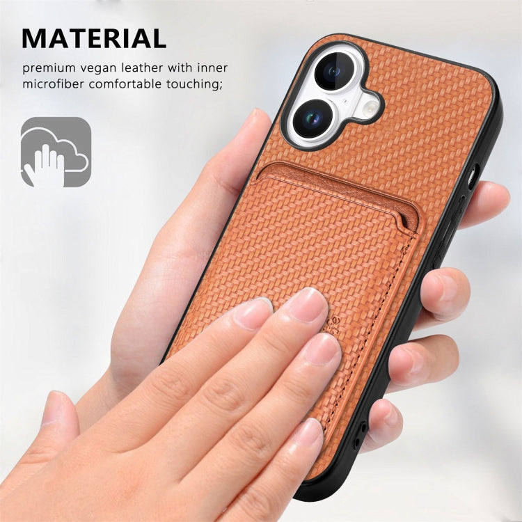 For iPhone 16 Carbon Fiber Leather Card Magsafe Phone Case(Brown) - iPhone 16 Cases by buy2fix | Online Shopping UK | buy2fix