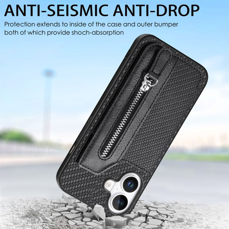 For iPhone 16 Plus Carbon Fiber Horizontal Flip Zipper Wallet Phone Case(Black) - iPhone 16 Plus Cases by buy2fix | Online Shopping UK | buy2fix