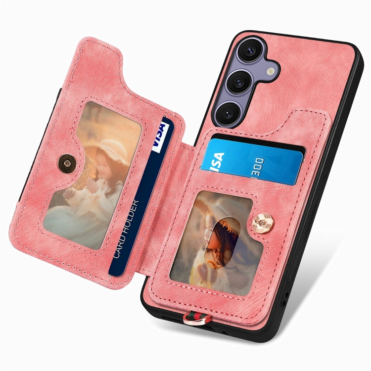 For Samsung Galaxy S25+ 5G Retro Skin-feel Ring Multi-card Wallet Phone Case(Pink) - Galaxy S25+ 5G Cases by buy2fix | Online Shopping UK | buy2fix