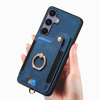 For Samsung Galaxy S25+ 5G Retro Skin-feel Ring Multi-card Wallet Phone Case(Blue) - Galaxy S25+ 5G Cases by buy2fix | Online Shopping UK | buy2fix