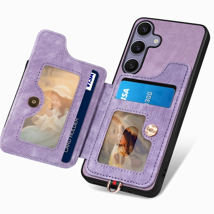 For Samsung Galaxy S25+ 5G Retro Skin-feel Ring Multi-card Wallet Phone Case(Purple) - Galaxy S25+ 5G Cases by buy2fix | Online Shopping UK | buy2fix