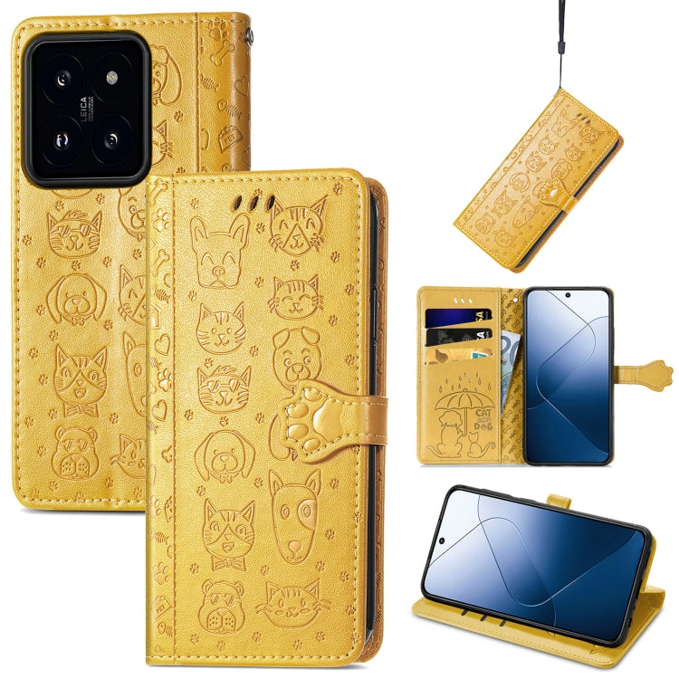 For Xiaomi 14 Cat and Dog Embossed Leather Phone Case(Yellow) - 14 Cases by buy2fix | Online Shopping UK | buy2fix