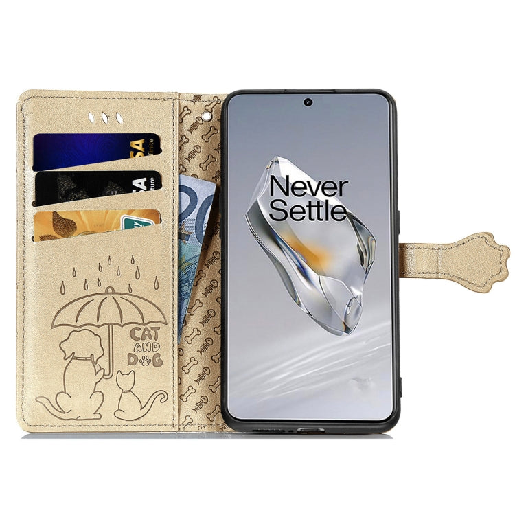 For OnePlus 12 Cat and Dog Embossed Leather Phone Case(Gold) - OnePlus Cases by buy2fix | Online Shopping UK | buy2fix