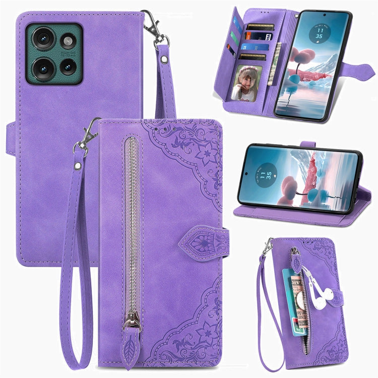 For Motorola Edge 2024 Embossed Flower Zipper Leather Phone Case(Purple) - Motorola Cases by buy2fix | Online Shopping UK | buy2fix