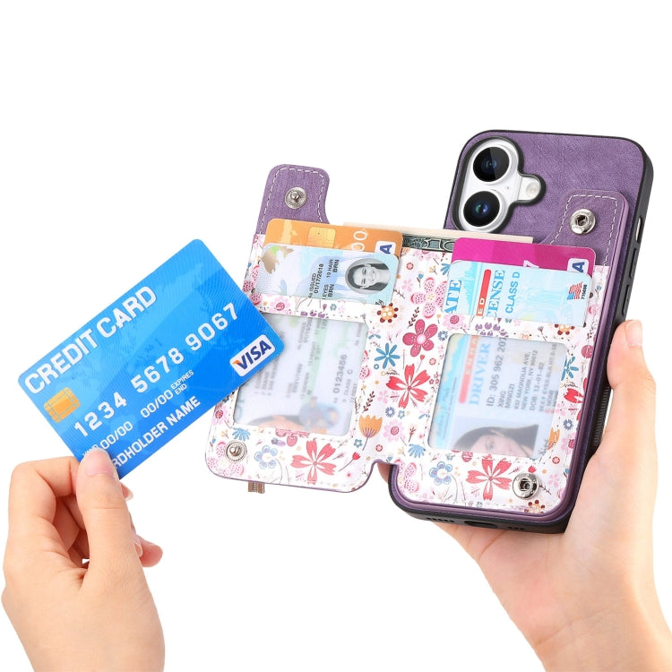 For iPhone 16 Retro Painted Zipper Wallet Back Phone Case(Purple) - iPhone 16 Cases by buy2fix | Online Shopping UK | buy2fix