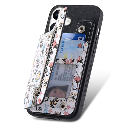 For iPhone 16 Plus Retro Painted Zipper Wallet Back Phone Case(Black) - iPhone 16 Plus Cases by buy2fix | Online Shopping UK | buy2fix