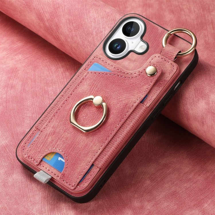 For iPhone 16 Plus Retro Skin-feel Ring Card Bag Phone Case with Hang Loop(Pink) - iPhone 16 Plus Cases by buy2fix | Online Shopping UK | buy2fix