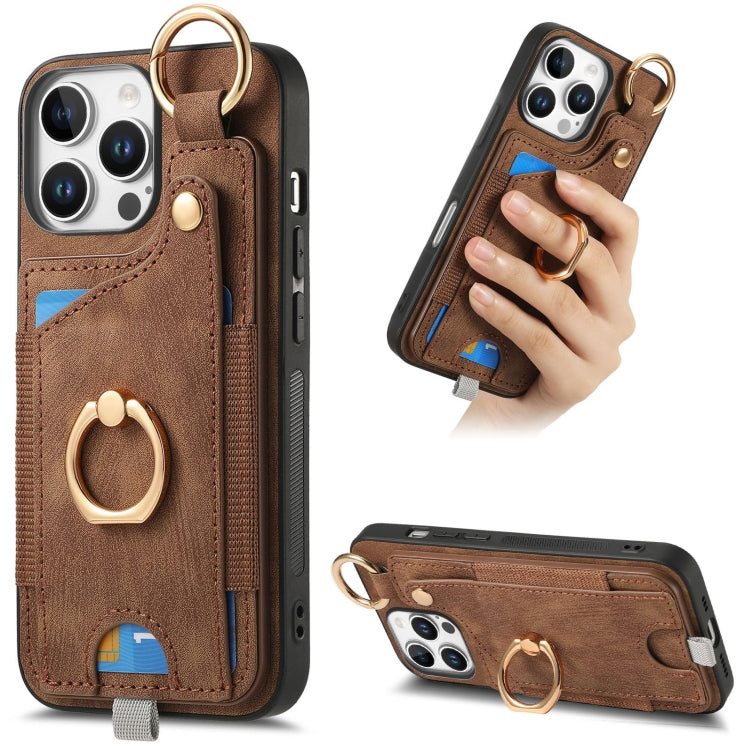 For iPhone 16 Pro Max Retro Skin-feel Ring Card Bag Phone Case with Hang Loop(Brown) - iPhone 16 Pro Max Cases by buy2fix | Online Shopping UK | buy2fix