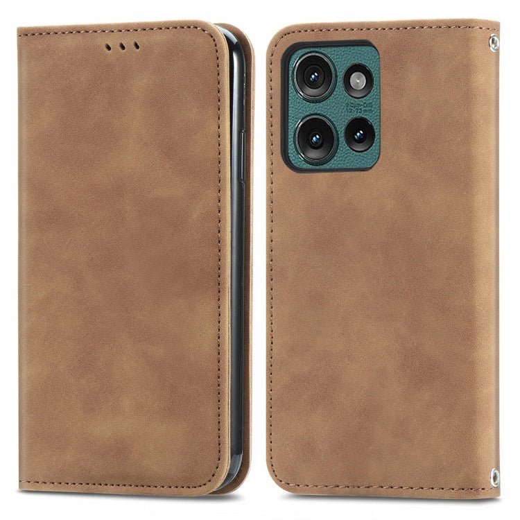 For Motorola Edge 2024 Retro Skin Feel Magnetic Flip Leather Phone Case(Brown) - Motorola Cases by buy2fix | Online Shopping UK | buy2fix