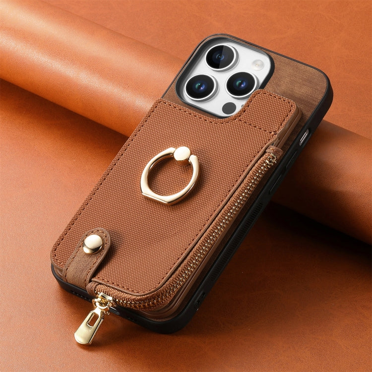 For iPhone 16 Pro Max Cross Leather Ring Vertical Zipper Wallet Back Phone Case(Brown) - More iPhone Cases by buy2fix | Online Shopping UK | buy2fix