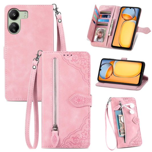 For Xiaomi Redmi 13C Embossed Flower Zipper Leather Phone Case(Pink) - 13C Cases by buy2fix | Online Shopping UK | buy2fix