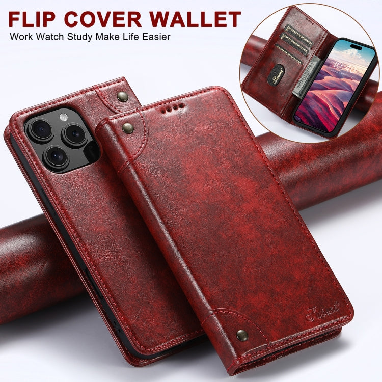 For iPhone 16 Suteni Baroque Calf Texture Buckle Wallet Leather Phone Case(Red) - iPhone 16 Cases by Suteni | Online Shopping UK | buy2fix