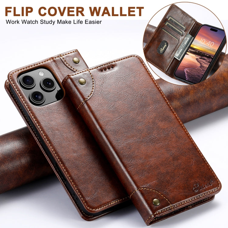 For iPhone 16 Suteni Baroque Calf Texture Buckle Wallet Leather Phone Case(Khaki) - iPhone 16 Cases by Suteni | Online Shopping UK | buy2fix