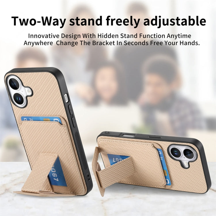 For iPhone 16 Carbon Fiber Card Bag Fold Stand Phone Case(Khaki) - iPhone 16 Cases by buy2fix | Online Shopping UK | buy2fix