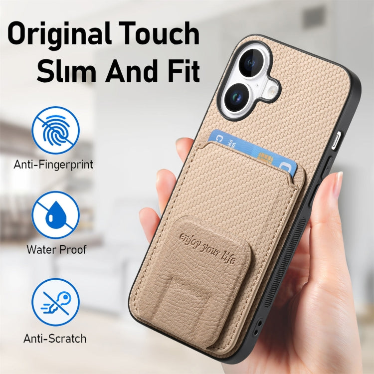 For iPhone 16 Plus Carbon Fiber Card Bag Fold Stand Phone Case(Khaki) - iPhone 16 Plus Cases by buy2fix | Online Shopping UK | buy2fix