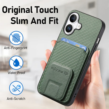 For iPhone 16 Plus Carbon Fiber Card Bag Fold Stand Phone Case(Green) - iPhone 16 Plus Cases by buy2fix | Online Shopping UK | buy2fix