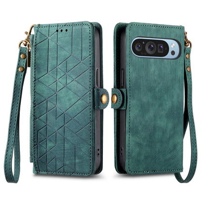 For Google Pixel 9 Geometric Zipper Wallet Side Buckle Leather Phone Case(Green) - Google Cases by buy2fix | Online Shopping UK | buy2fix