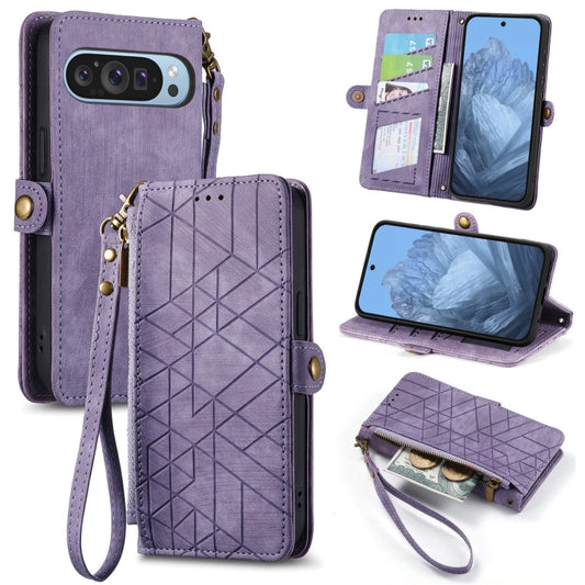 For Google Pixel 9 Geometric Zipper Wallet Side Buckle Leather Phone Case(Purple) - Google Cases by buy2fix | Online Shopping UK | buy2fix