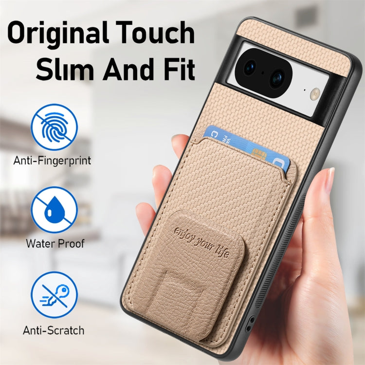 For Google Pixel 6 Carbon Fiber Card Bag Fold Stand Phone Case(Khaki) - Google Cases by buy2fix | Online Shopping UK | buy2fix