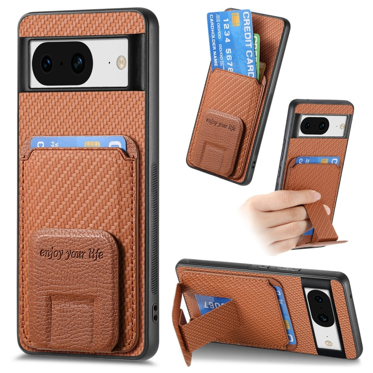 For Google Pixel 6a Carbon Fiber Card Bag Fold Stand Phone Case(Brown) - Google Cases by buy2fix | Online Shopping UK | buy2fix