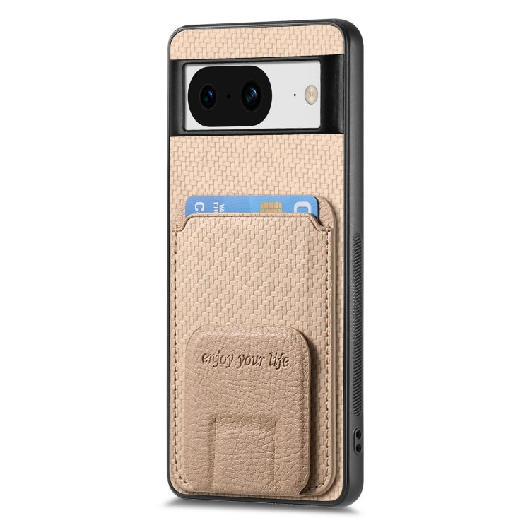 For Google Pixel 6a Carbon Fiber Card Bag Fold Stand Phone Case(Khaki) - Google Cases by buy2fix | Online Shopping UK | buy2fix