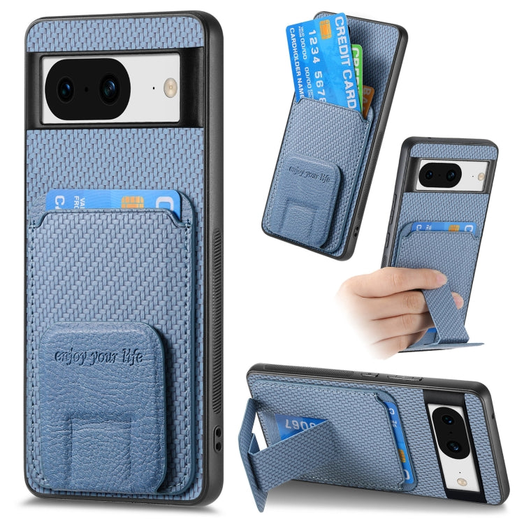 For Google Pixel 7 Carbon Fiber Card Bag Fold Stand Phone Case(Blue) - Google Cases by buy2fix | Online Shopping UK | buy2fix