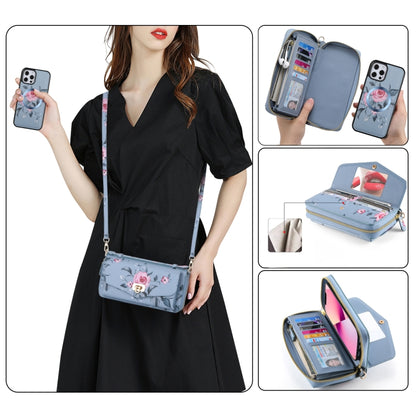 For iPhone 12 Pro MagSafe Flower Multi-functional Crossbody Zipper Wallet Leather Phone Case(Blue) - iPhone 12 / 12 Pro Cases by buy2fix | Online Shopping UK | buy2fix