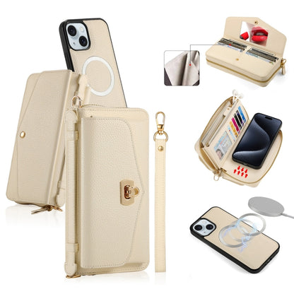 For iPhone 15 MagSafe Crossbody Multi-functional Zipper Wallet Litchi Leather Phone Case(White) - iPhone 15 Cases by buy2fix | Online Shopping UK | buy2fix